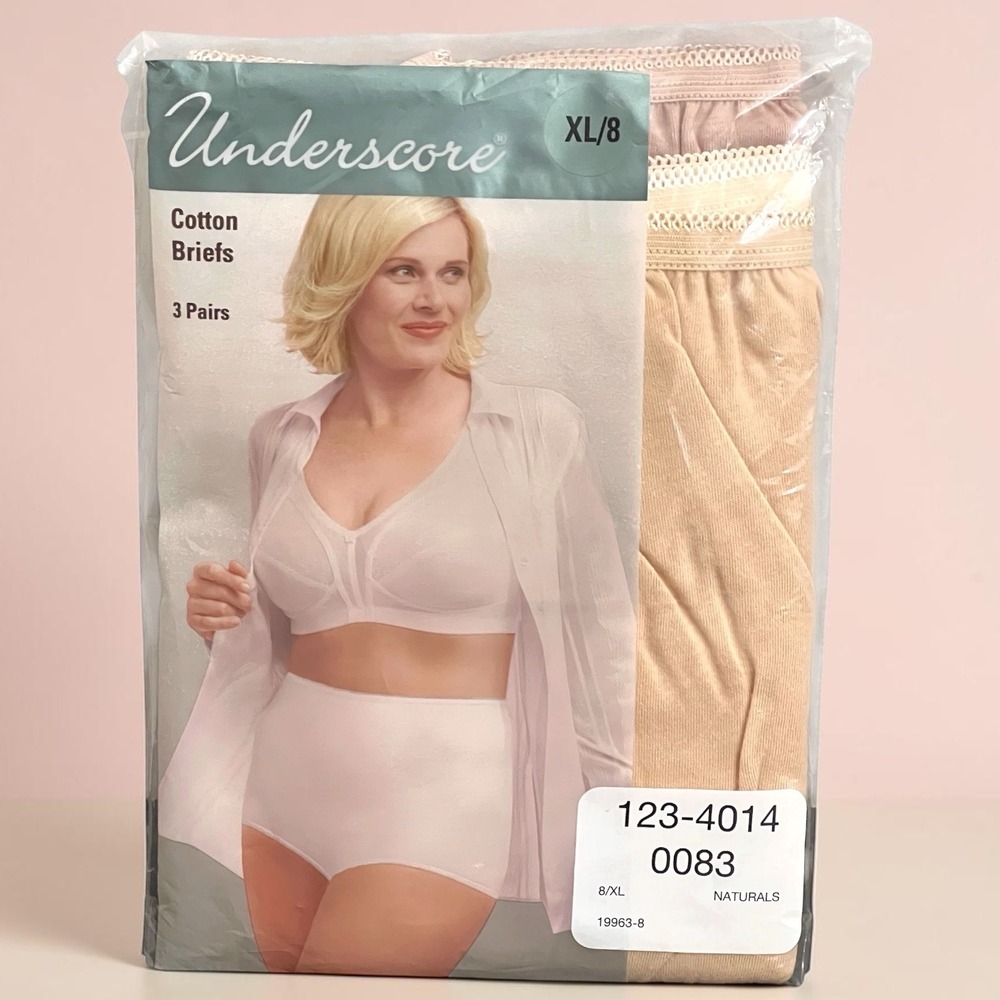 Underscore 100% Combed Cotton Briefs 3 Pack Panties Naturals XL 8 Vintage Granny